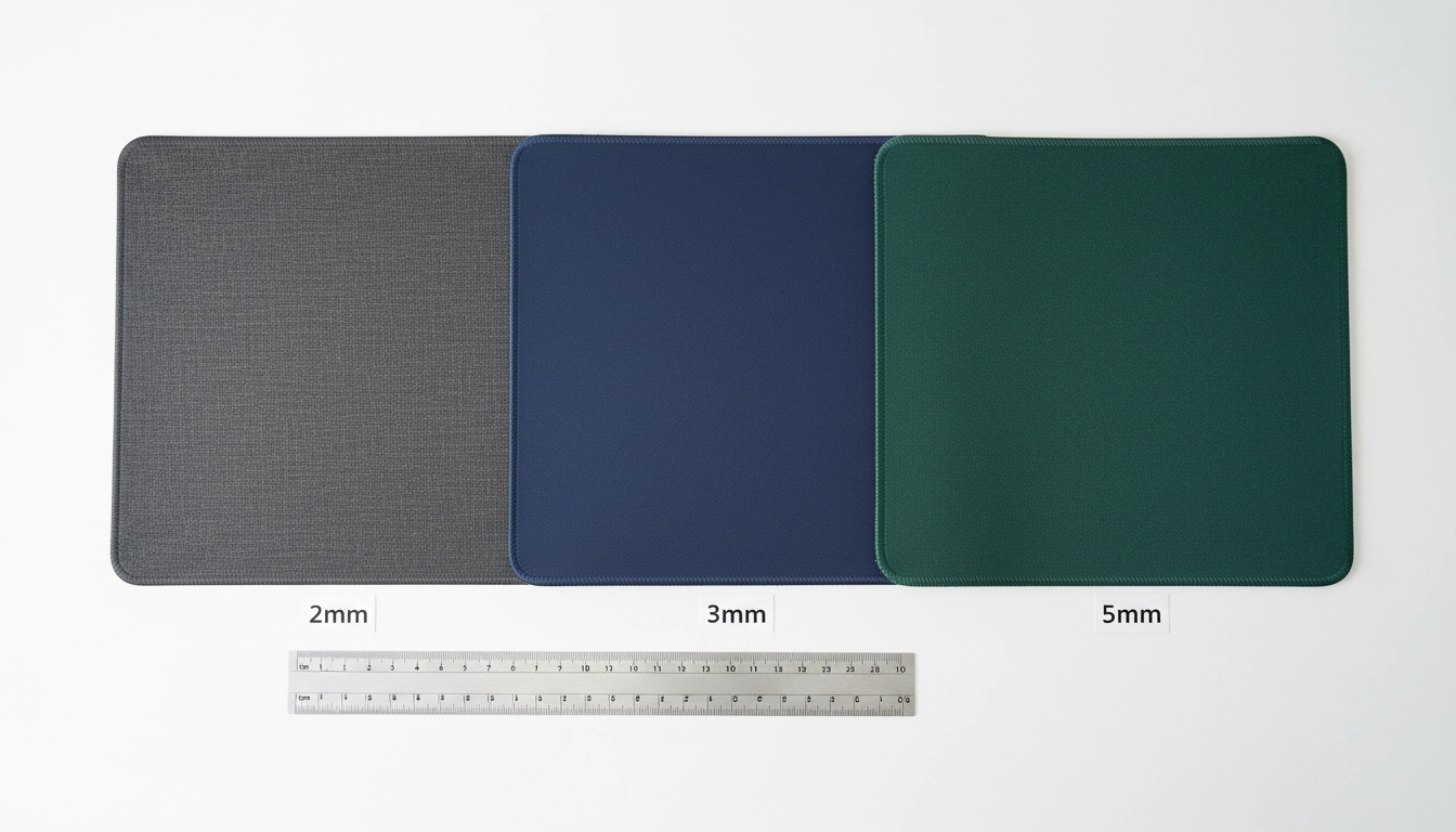 Comparaison visuelle de trois tapis de souris de différentes épaisseurs pour choisir le bon épaisseur tapis souris confort