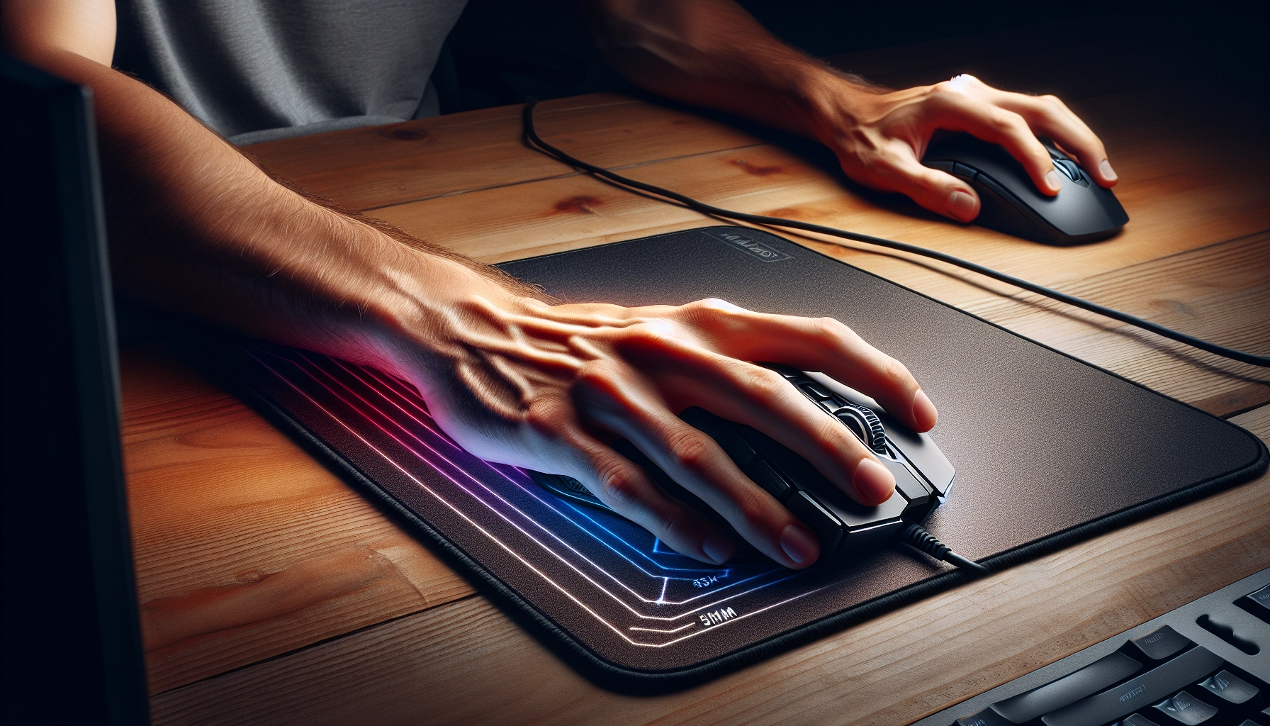 Épaisseur tapis souris confort poignet longue session : poignet en position neutre sur un tapis de souris épais gaming