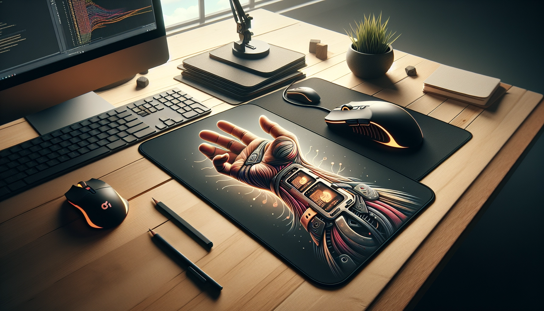 Gamer tenant sa souris sur un tapis épais pour le confort du poignet lors des longues sessions de jeu
