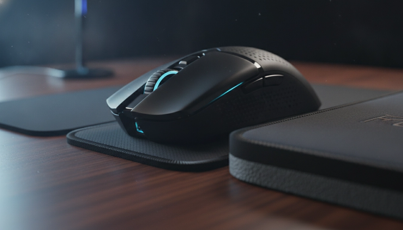 Vue macro montrant comment l'épaisseur du tapis de souris affecte la stabilité et la glisse sur un bureau de jeu.