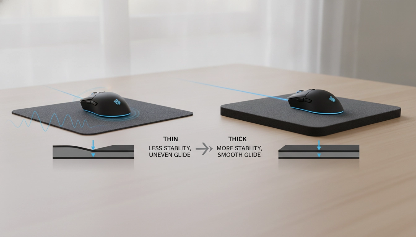 Un joueur professionnel testant comment l'épaisseur du tapis de souris affecte la stabilité et la glisse avec différents modèles de surfaces.