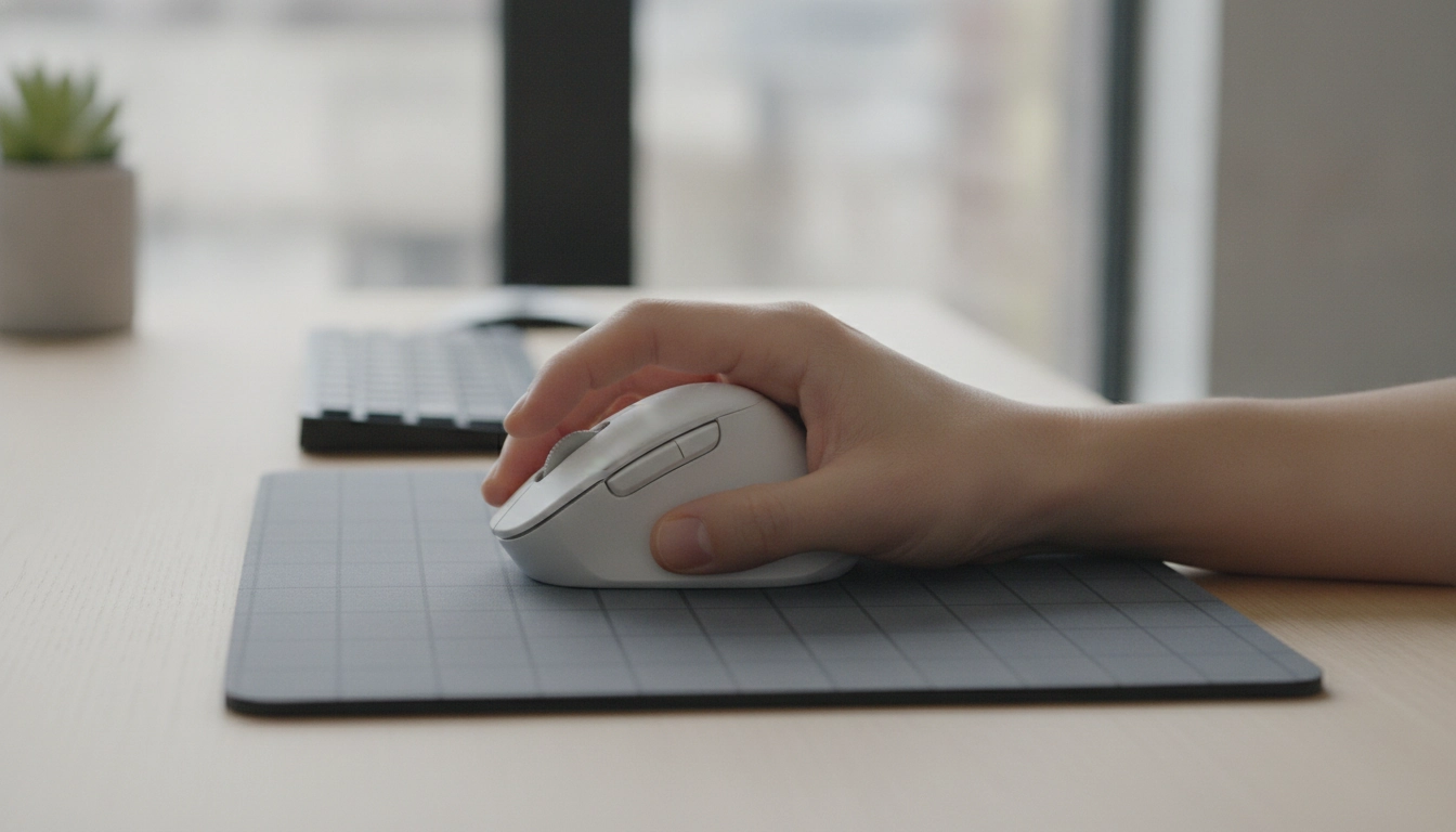 Une configuration de bureau ergonomique illustrant comment l'épaisseur tapis souris tension musculaire avant-bras est gérée pour un confort optimal.