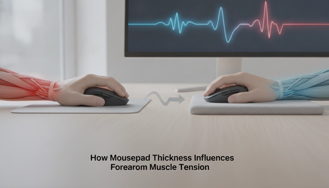 Exemple d'une installation ergonomique montrant l'influence de l'épaisseur tapis souris tension musculaire avant-bras sur la posture.