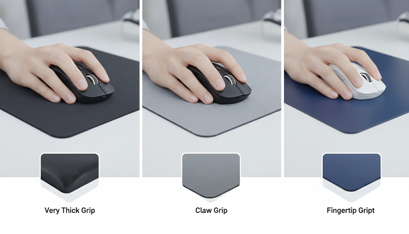 Setup gaming montrant le ressenti épaisseur tapis souris confort selon type de grip pour un joueur professionnel