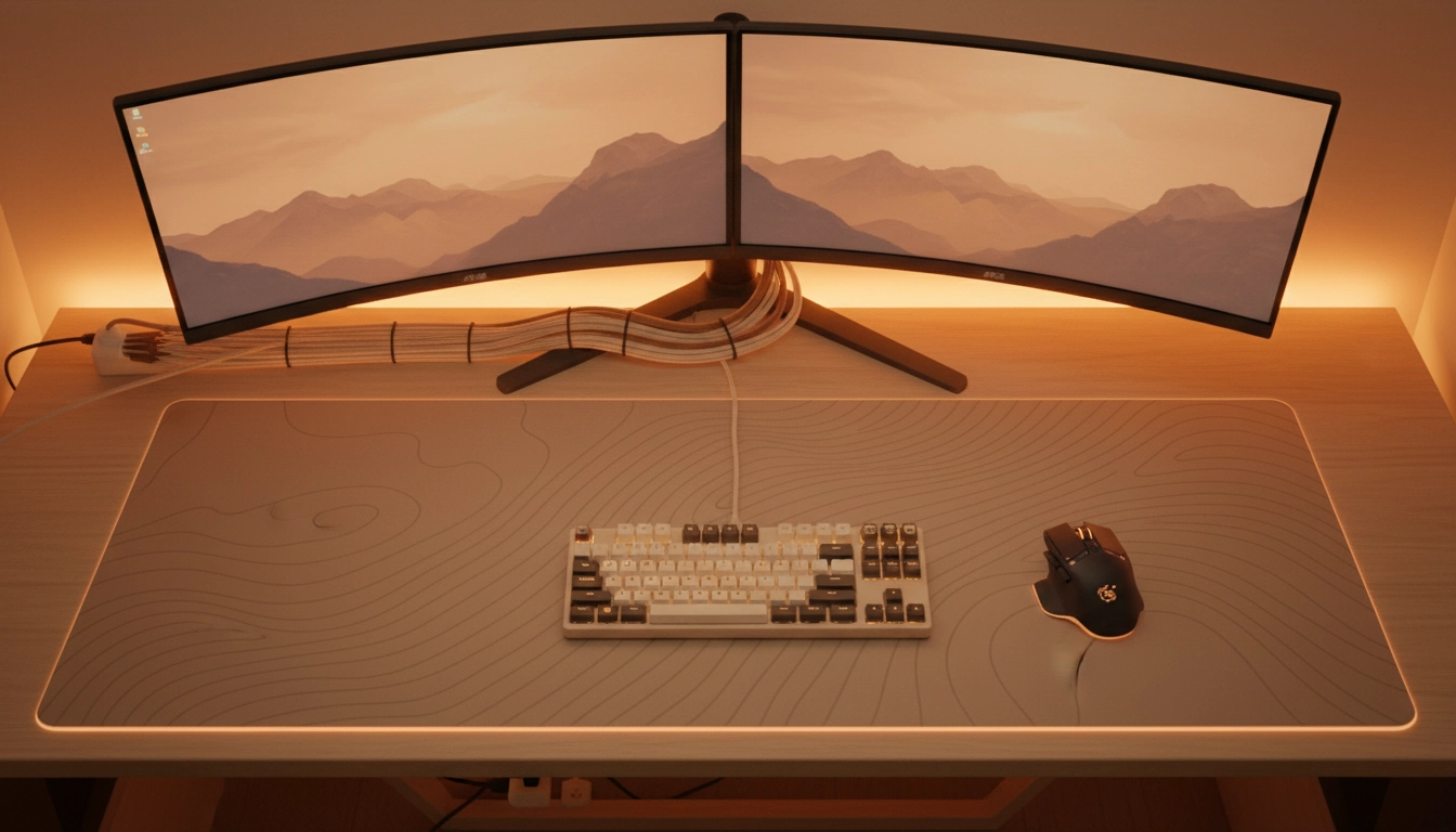 Setup gaming complet illustrant l'ergonomie tapis de souris gaming avec un grand tapis et une souris de précision