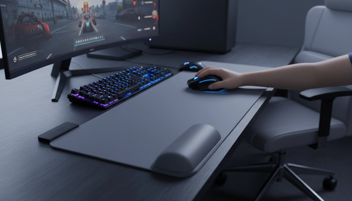 Setup gaming ergonomique avec tapis de souris large et souris de précision sur un bureau bien organisé