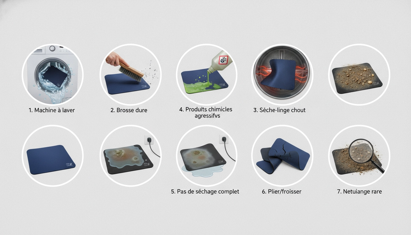 Illustration montrant les erreurs à éviter nettoyage tapis souris tissu pour ne pas abîmer les fibres.