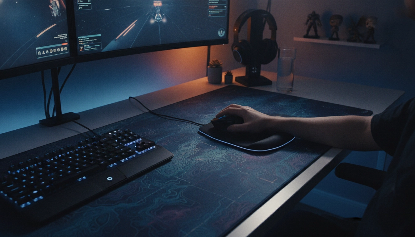 Exemple d'un espace de travail ergonomique pour corriger les erreurs de posture gaming liées au tapis de souris.