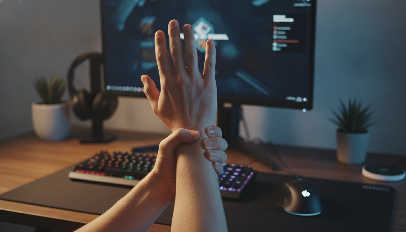 Illustration de la pratique des exercices étirements poignet avant après session gaming pour les joueurs.