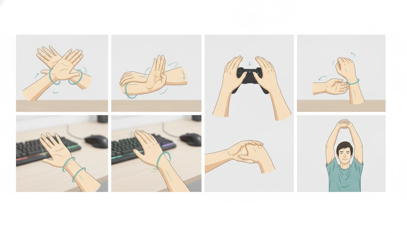 Un joueur professionnel effectuant des exercices étirements poignet avant après session gaming pour prévenir les blessures.