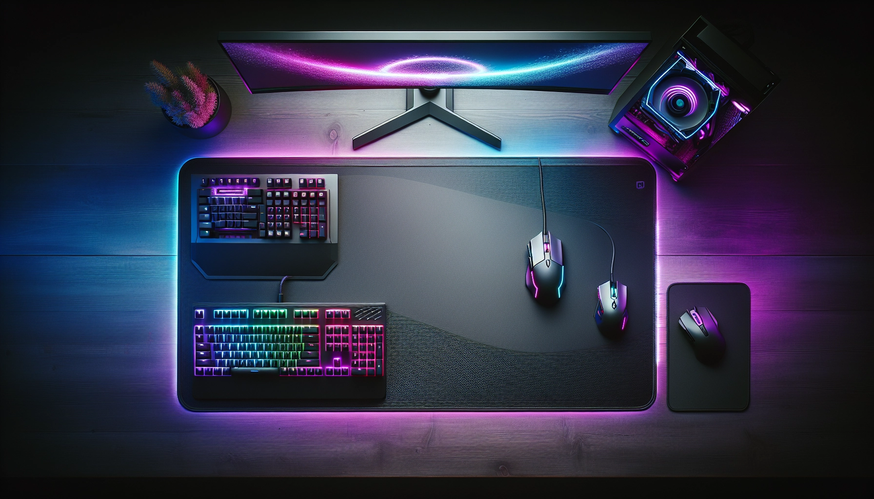 Tapis de souris gaming XXL sur un bureau gamer illustrant l'impact de la taille sur la réactivité en jeu