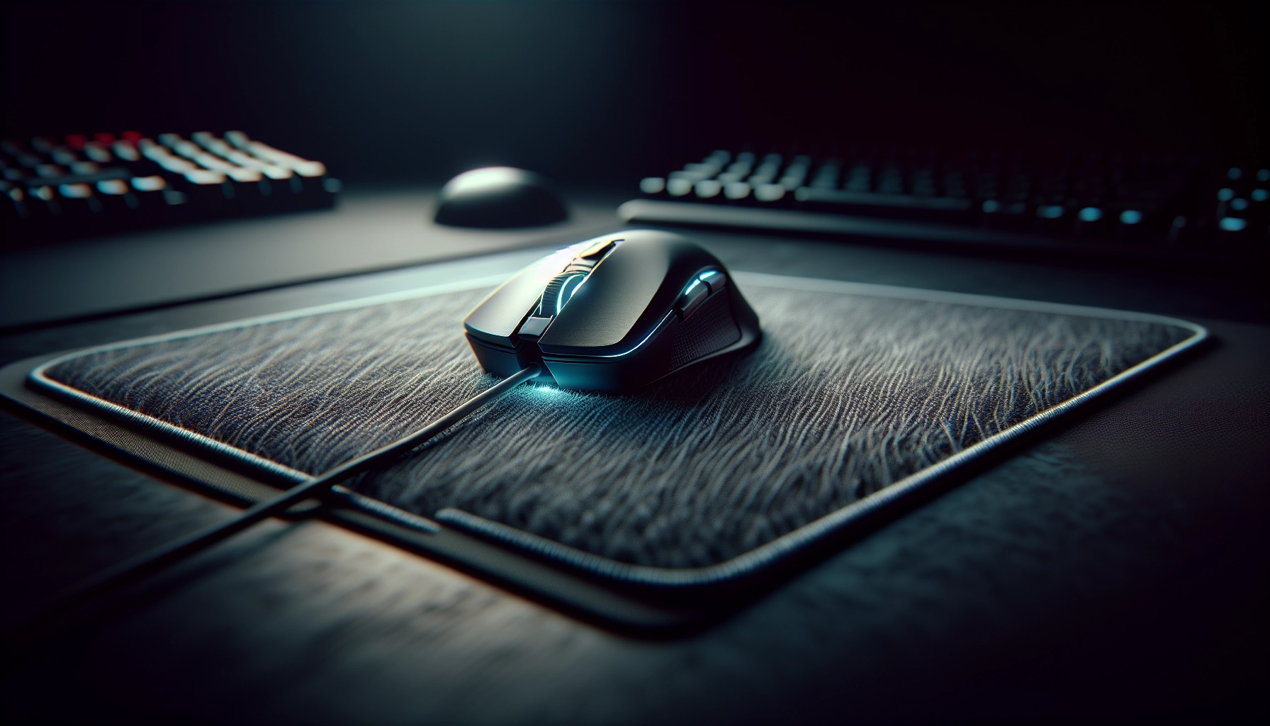 Gros plan des patins PTFE d'une souris gaming sur un tapis textile illustrant les frottements souris tapis et leur impact sur la précision gaming