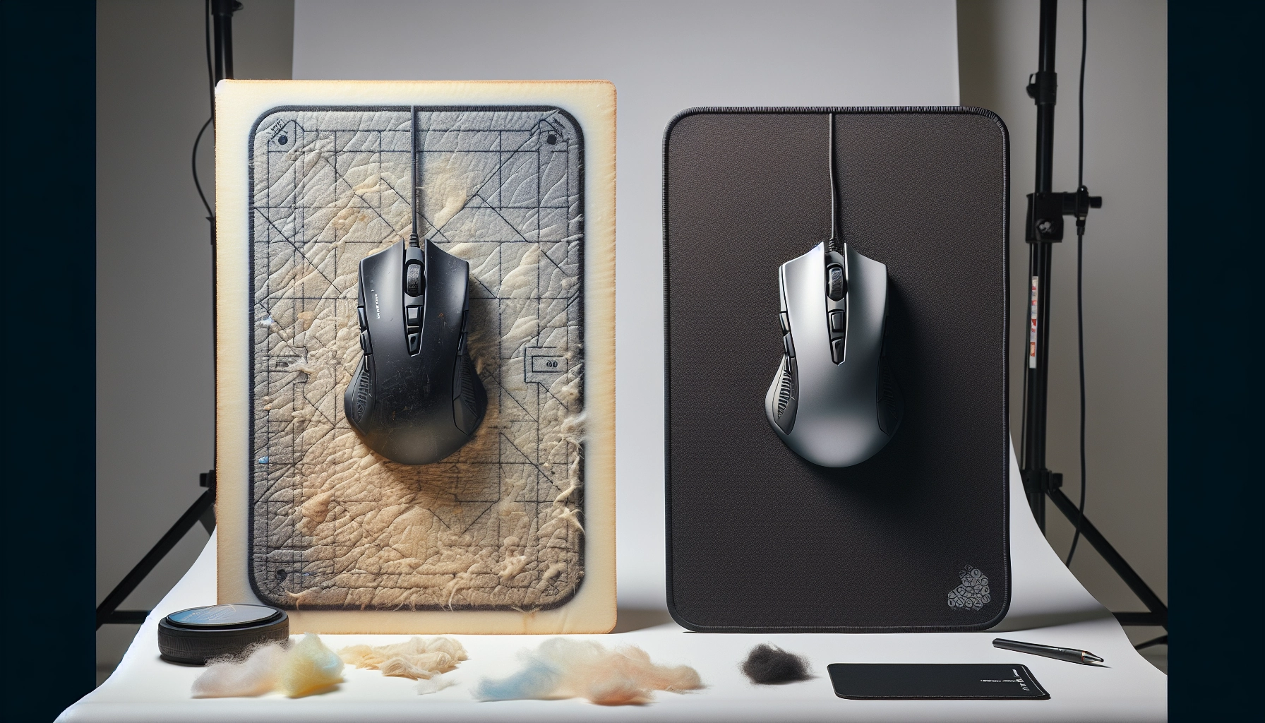 Comparaison entre un tapis de souris gaming usé et un tapis neuf montrant la dégradation des fibres et l'augmentation des frottements