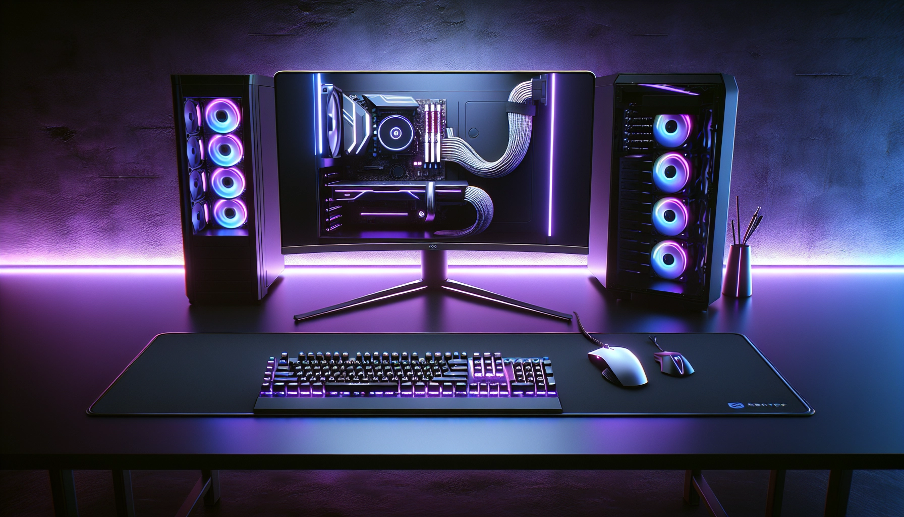 Setup gaming avec une gestion des câbles exemplaire pour un bureau propre et esthétique, éclairage RGB bleu et violet