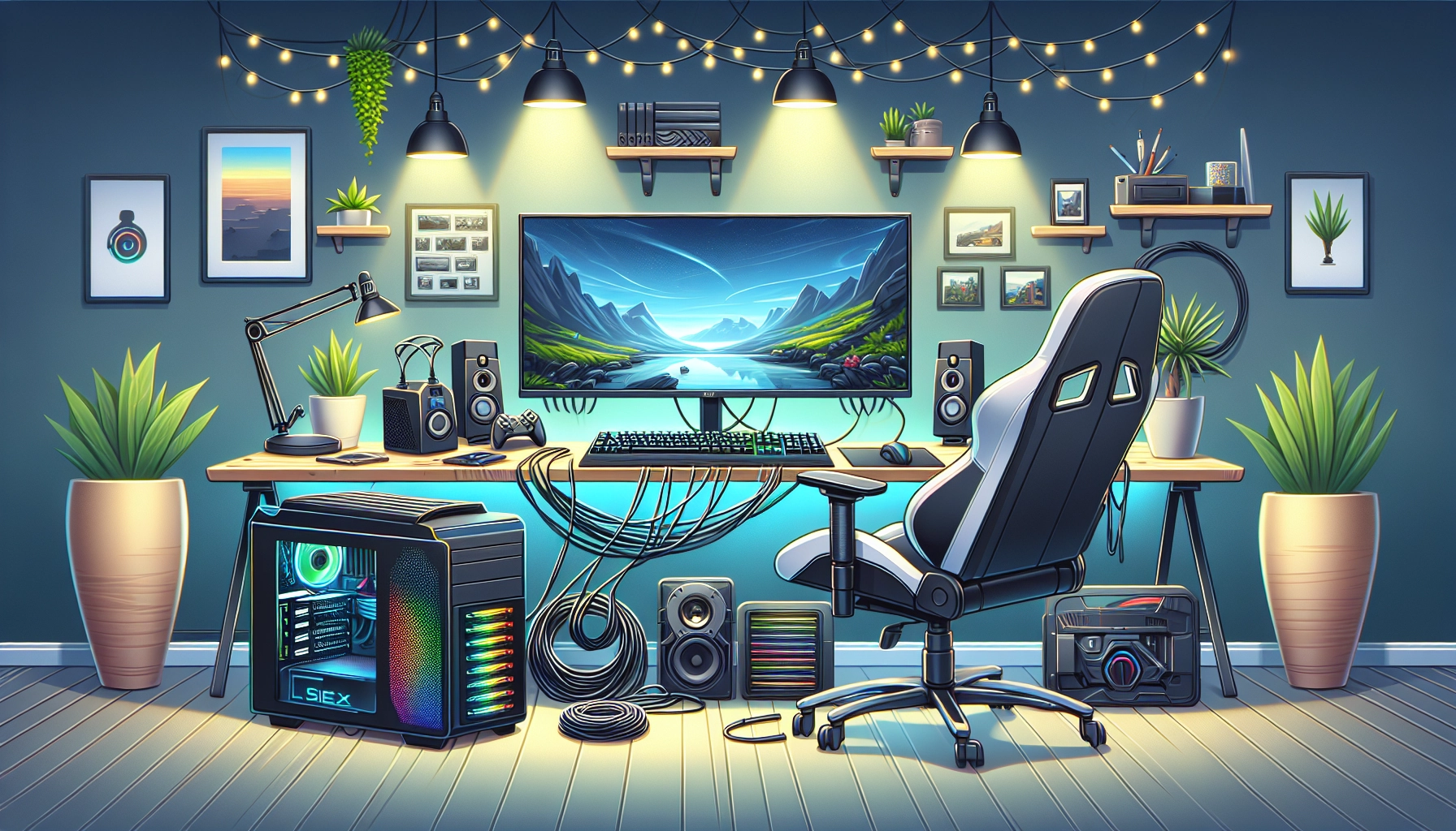 Setup gaming avec une gestion des câbles impeccable pour un bureau propre et esthétique, vue de face avec éclairage RGB