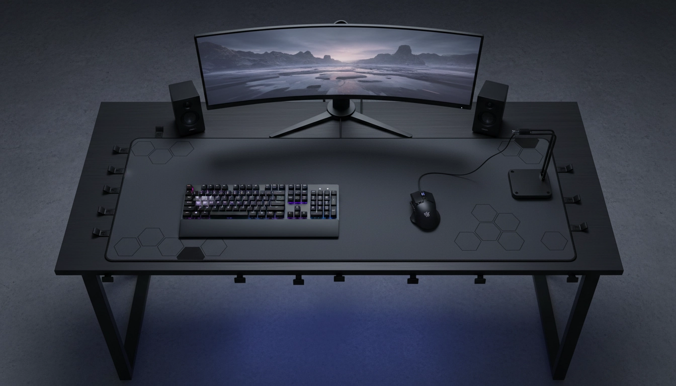 Gestion câbles tapis souris avec bungee et clips adhésifs sur un setup gaming propre