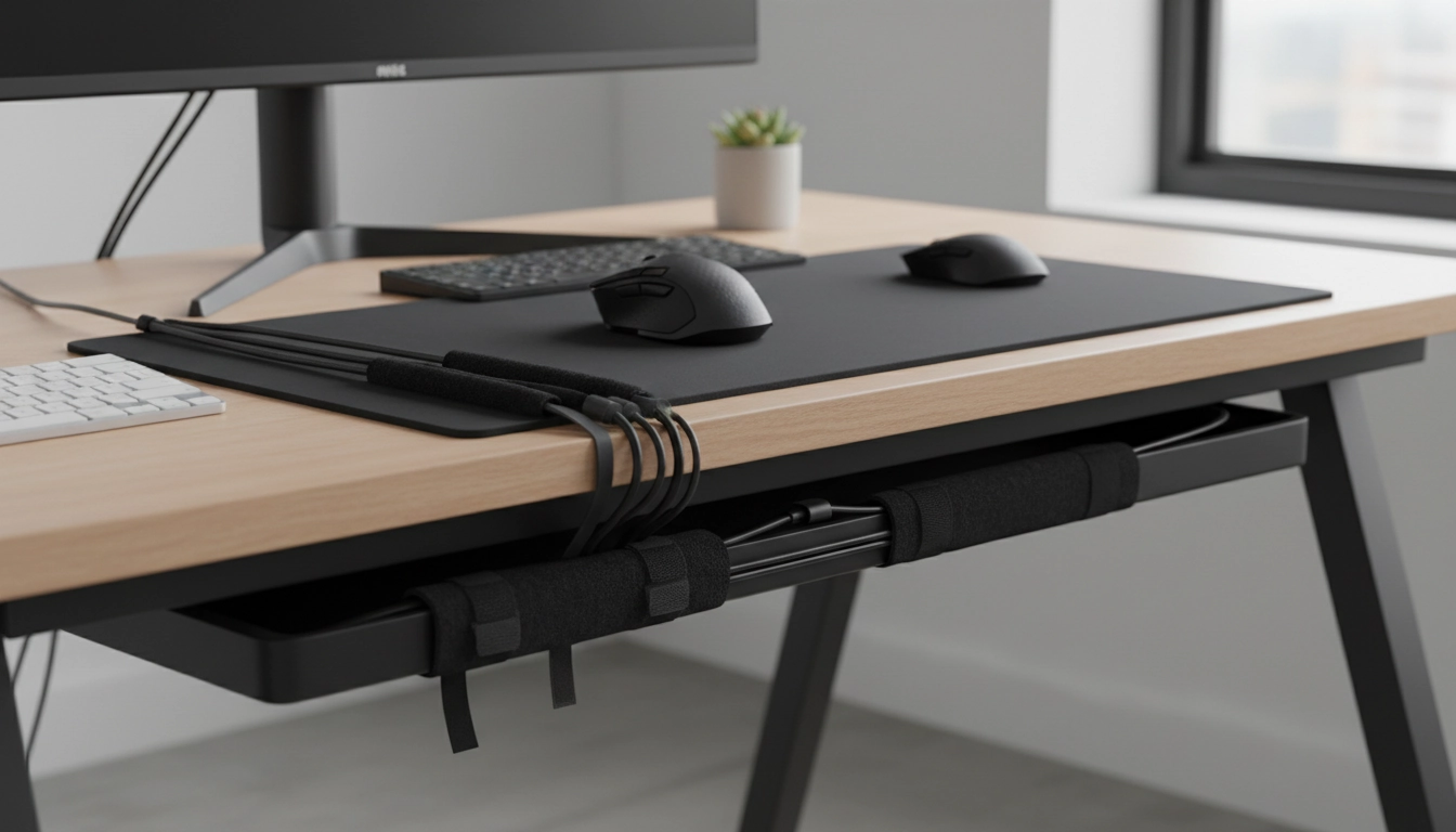 Setup gaming avec gestion câbles tapis souris organisée et bureau propre