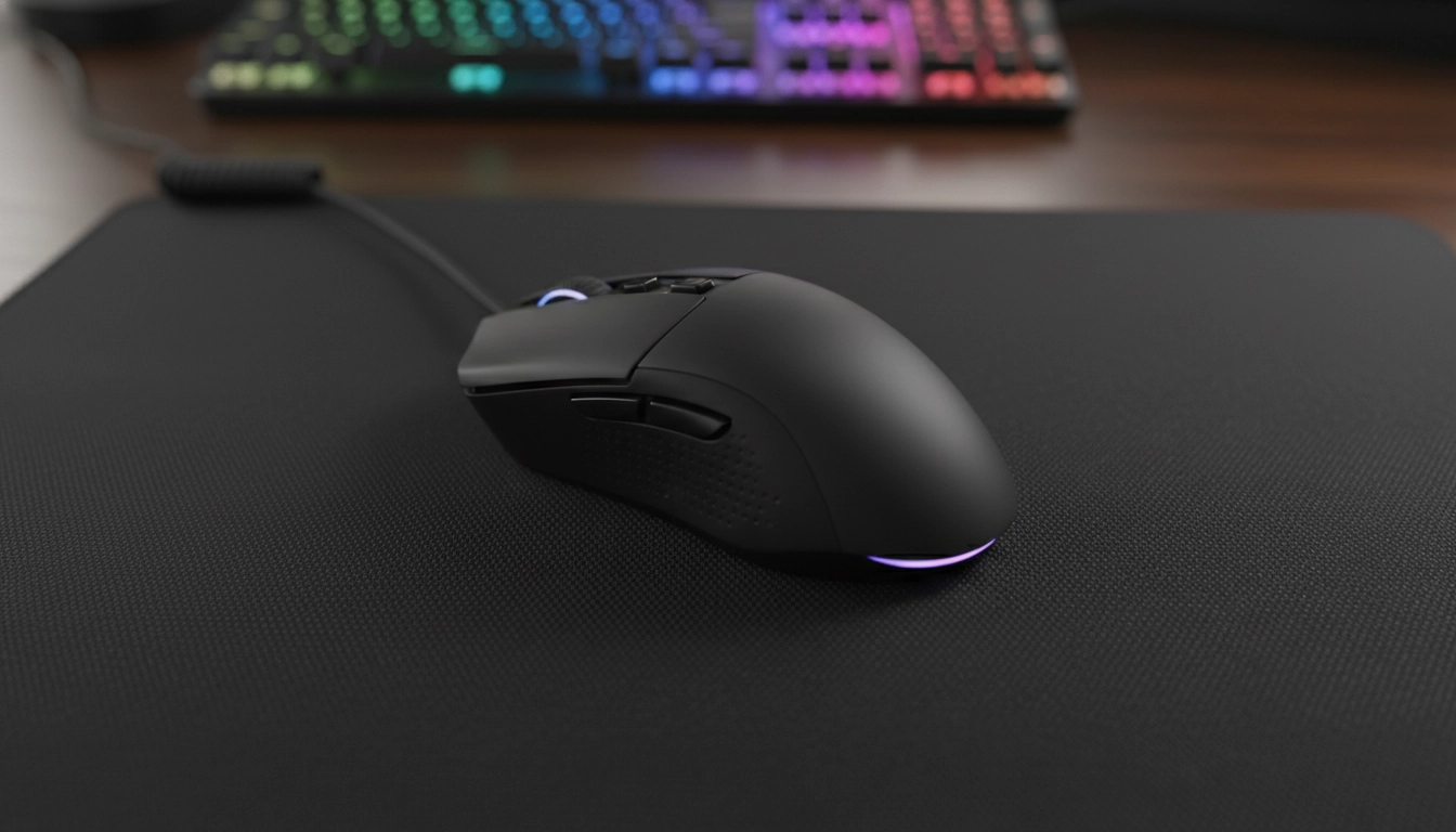 Souris gaming sur tapis montrant la glisse réactivité tapis souris en détail