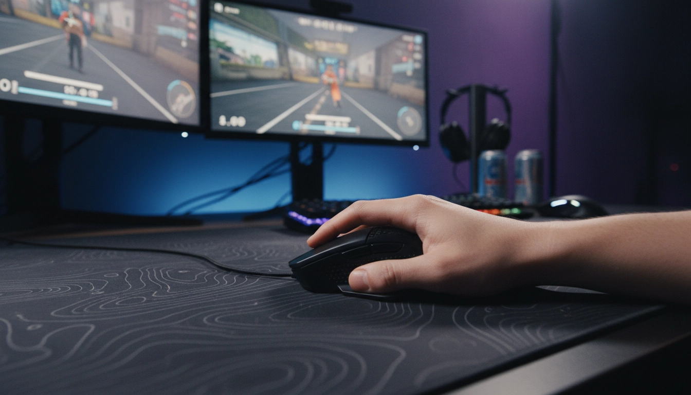 Joueur en pleine action sur tapis de souris gaming XXL pour une précision optimale en jeu compétitif