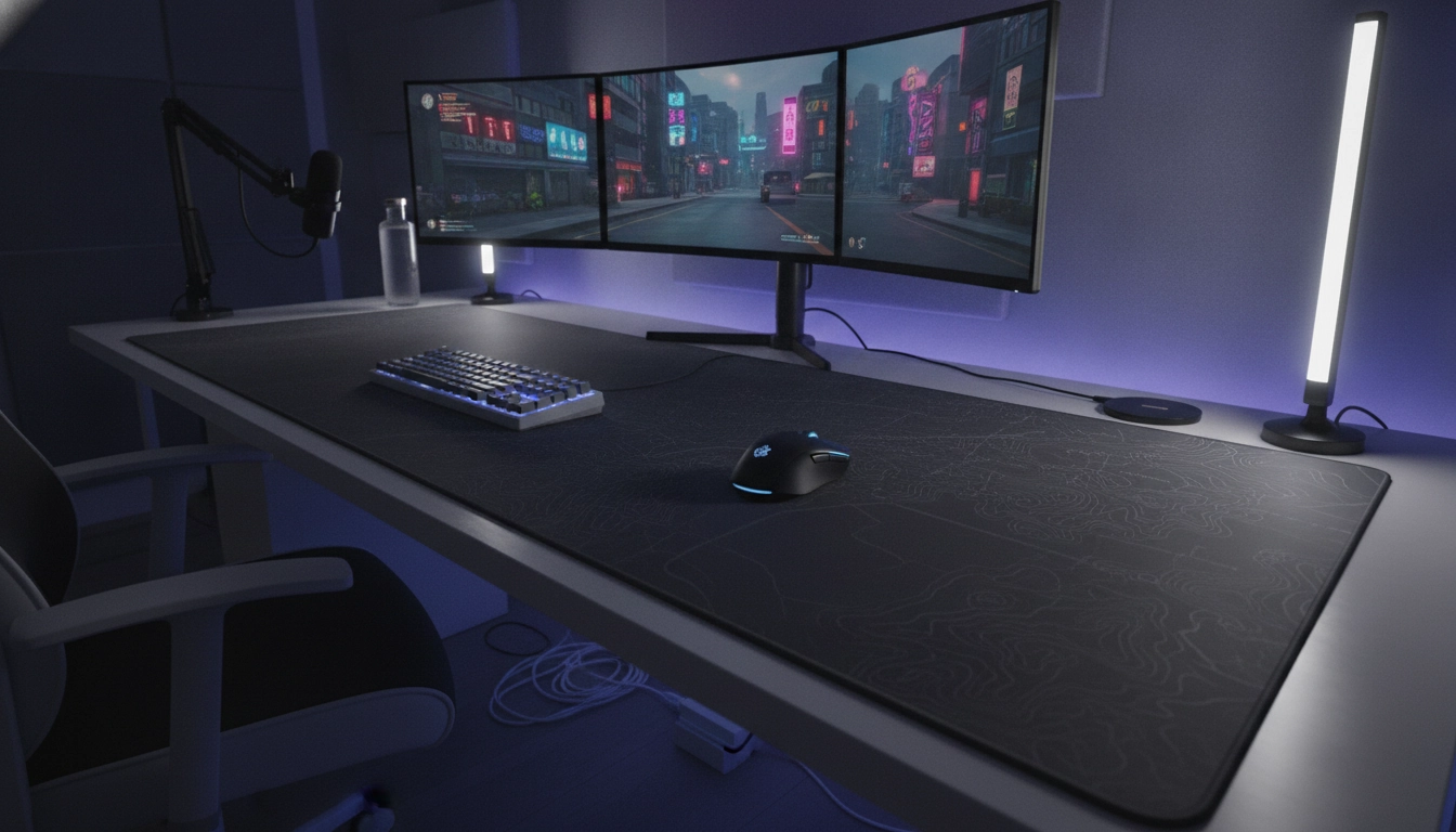 Un grand tapis souris basse sensibilité fps installé sur un bureau gaming propre.