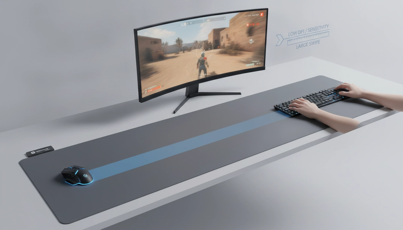 Un joueur professionnel utilisant un grand tapis souris basse sensibilité fps sur son setup gaming.
