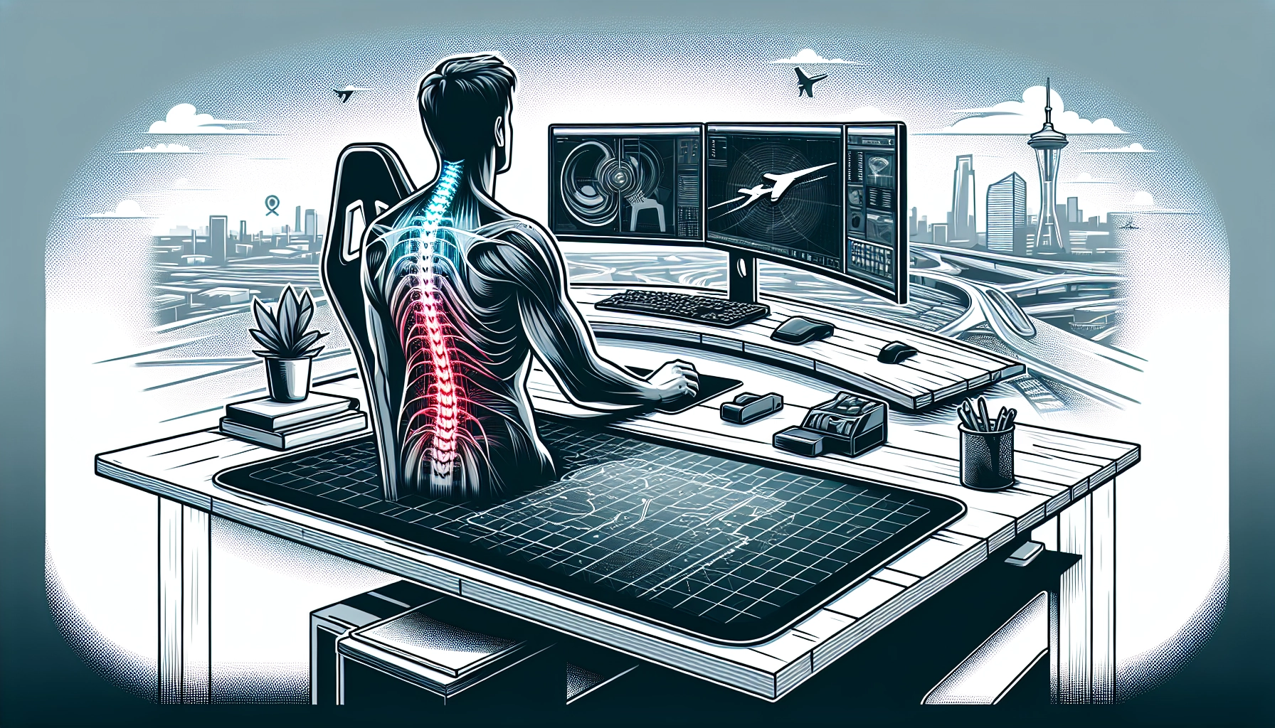 Gamer assis à son bureau avec un grand tapis de souris posture dos gamer bien positionné, démontrant la bonne ergonomie