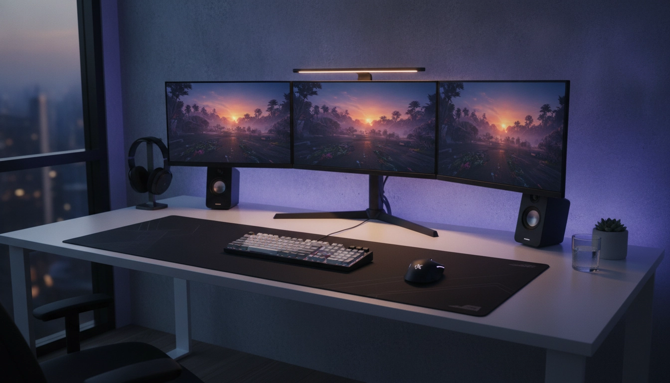 Illustration du guide dimensions tapis souris selon type bureau gaming sur un bureau moderne.