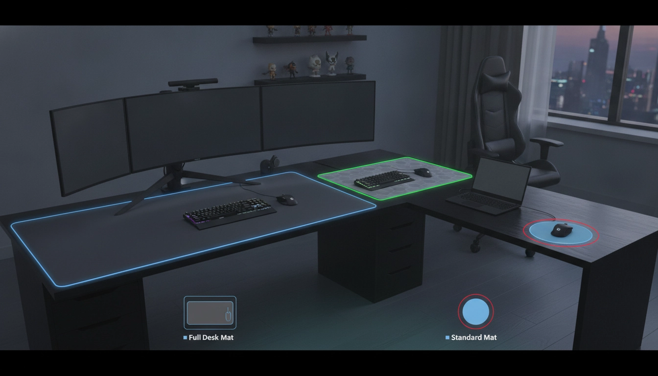 Un setup gaming organisé avec un grand tapis de souris, illustrant le guide dimensions tapis souris selon type bureau gaming.