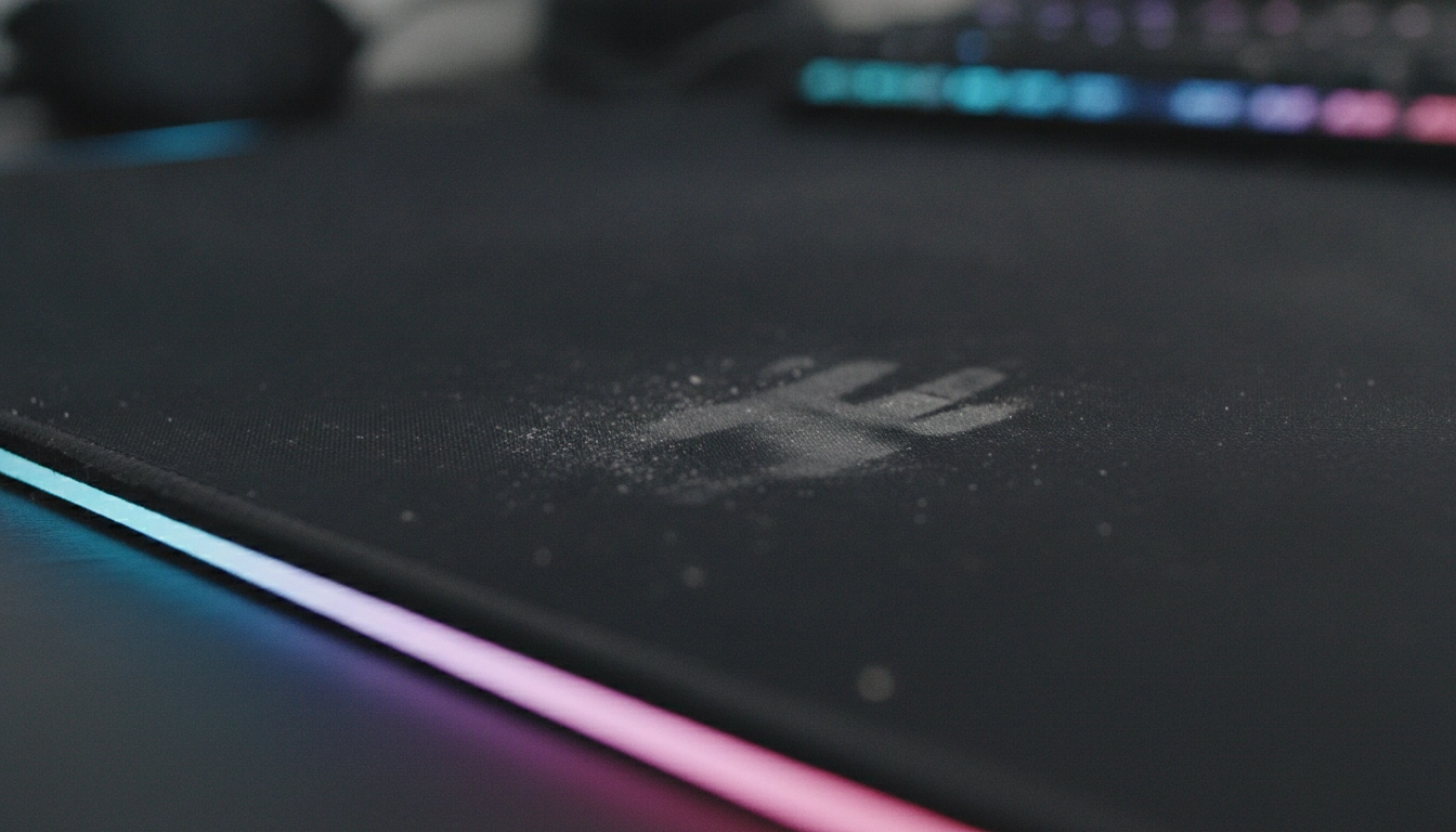 Surface usée montrant les effets des habitudes quotidiennes qui abîment un tapis de souris gaming.