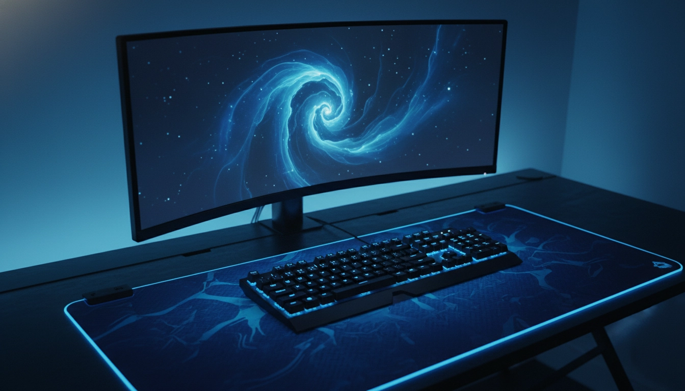 Harmoniser couleurs setup gaming avec palette bleue et noire, éclairage RGB synchronisé sur clavier et tapis de souris