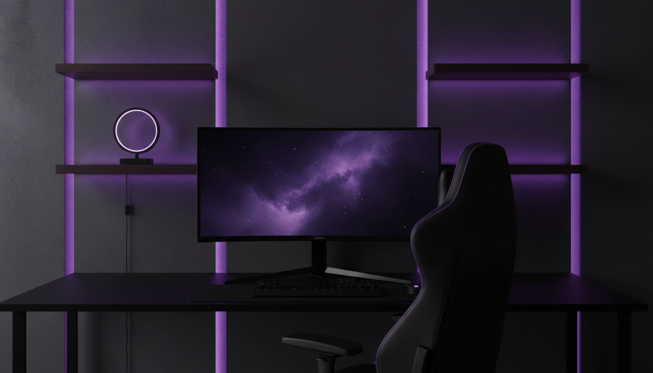 Setup dark aesthetic avec couleurs sombres harmonisées, éclairage LED violet indirect et bureau noir mat