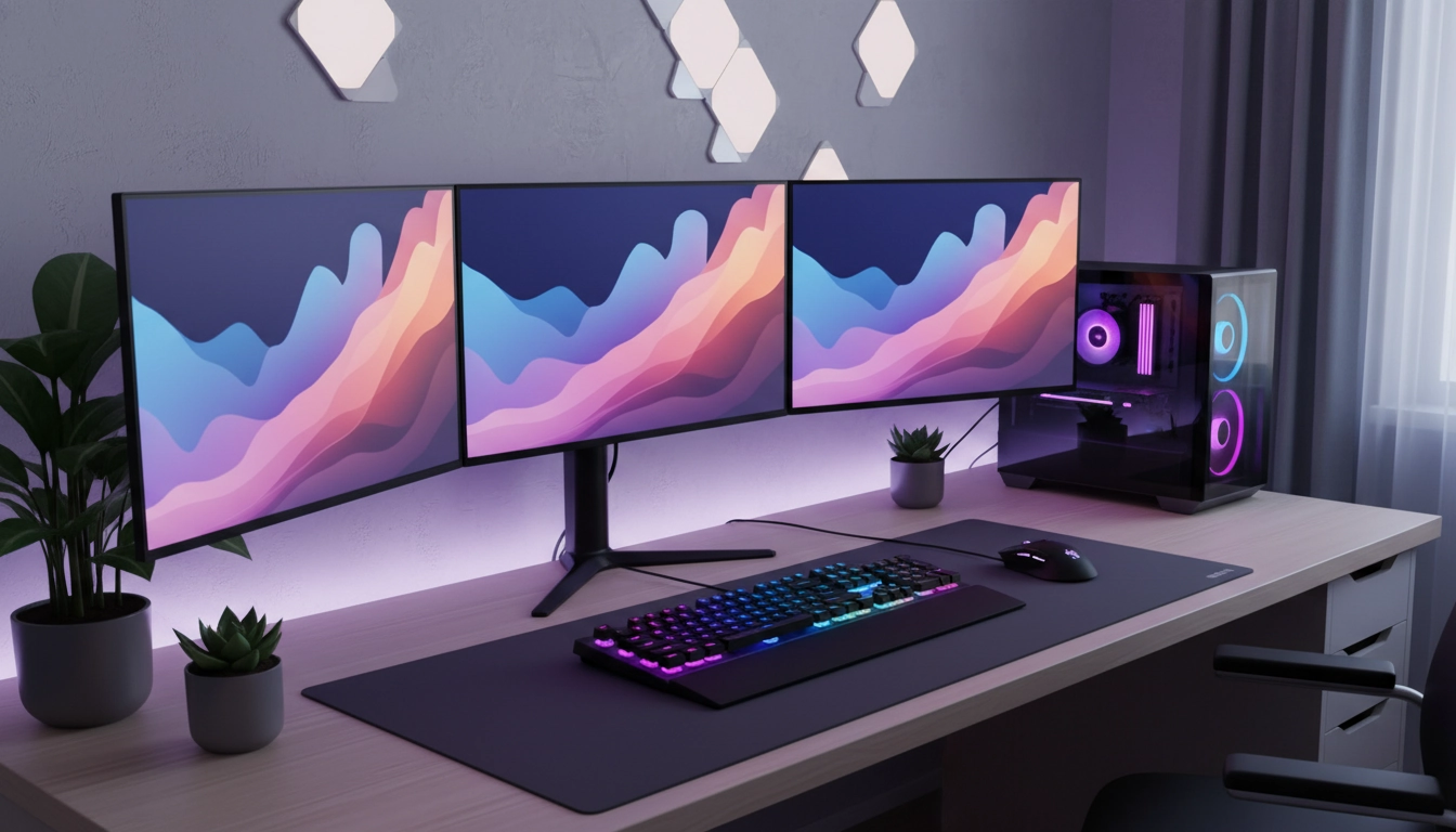 Setup gaming avec harmonisation de couleurs bleues et noires, éclairage RGB synchronisé et tapis de souris XXL