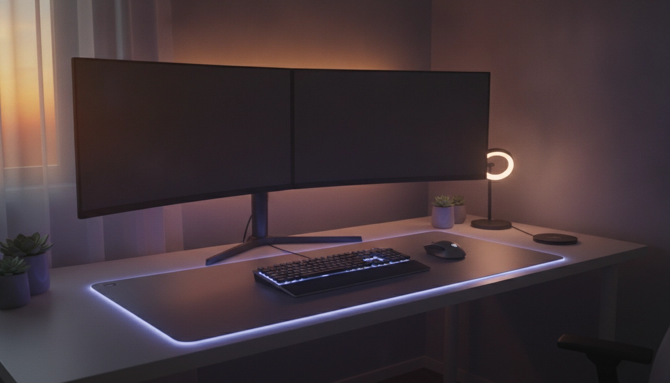 Setup gaming optimisé avec un tapis de souris parfaitement intégré à la lumière ambiante