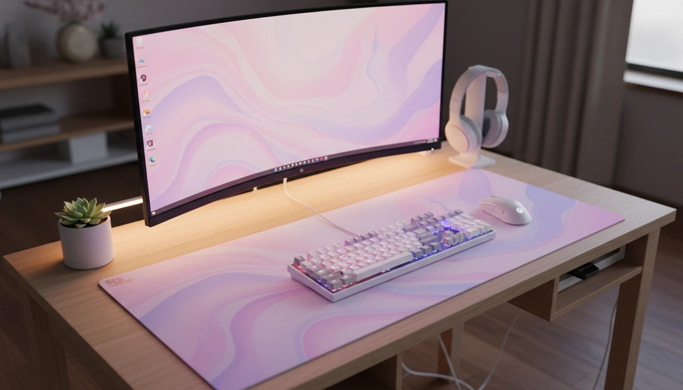 Bureau gaming avec tapis de souris pastel pour harmoniser tapis souris setup en tons doux