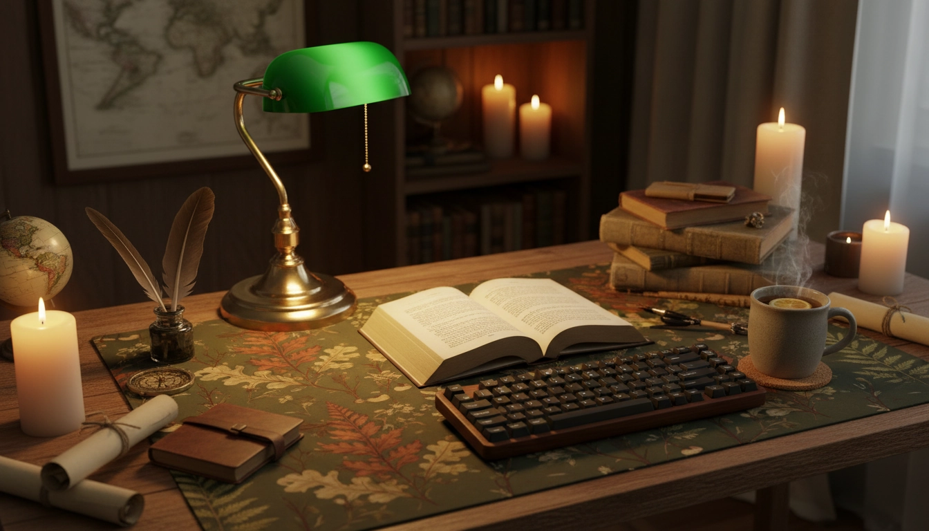 Setup dark academia avec tapis de souris bordeaux et vert forêt pour une esthétique élégante