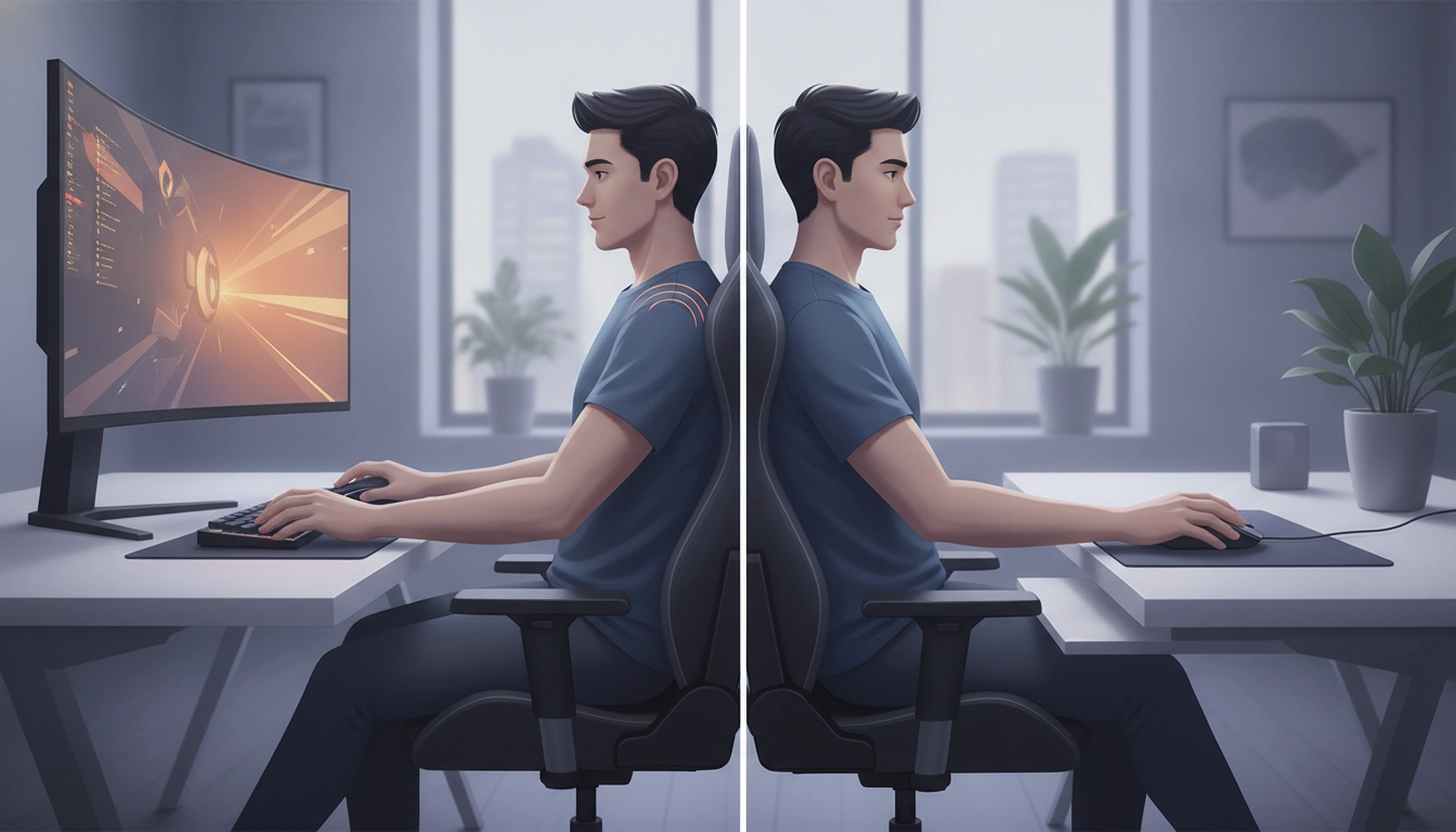 Un joueur ajustant la hauteur tapis de souris position épaule gaming sur son bureau