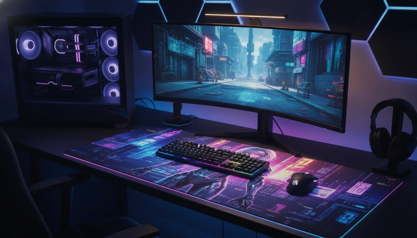 Exemple d'idées de designs personnalisés pour tapis de souris gaming setup anime sur un bureau moderne