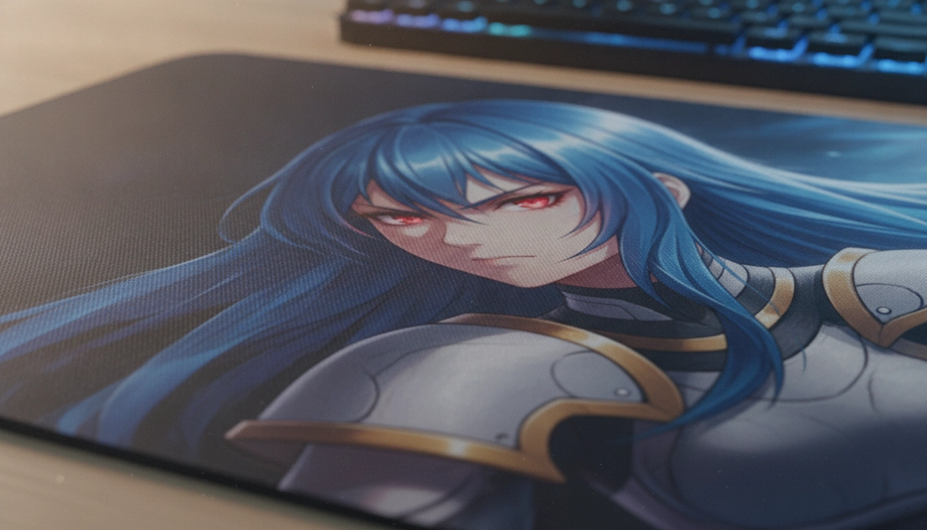 Détail d'un tapis de souris avec design anime personnalisé pour setup gamer