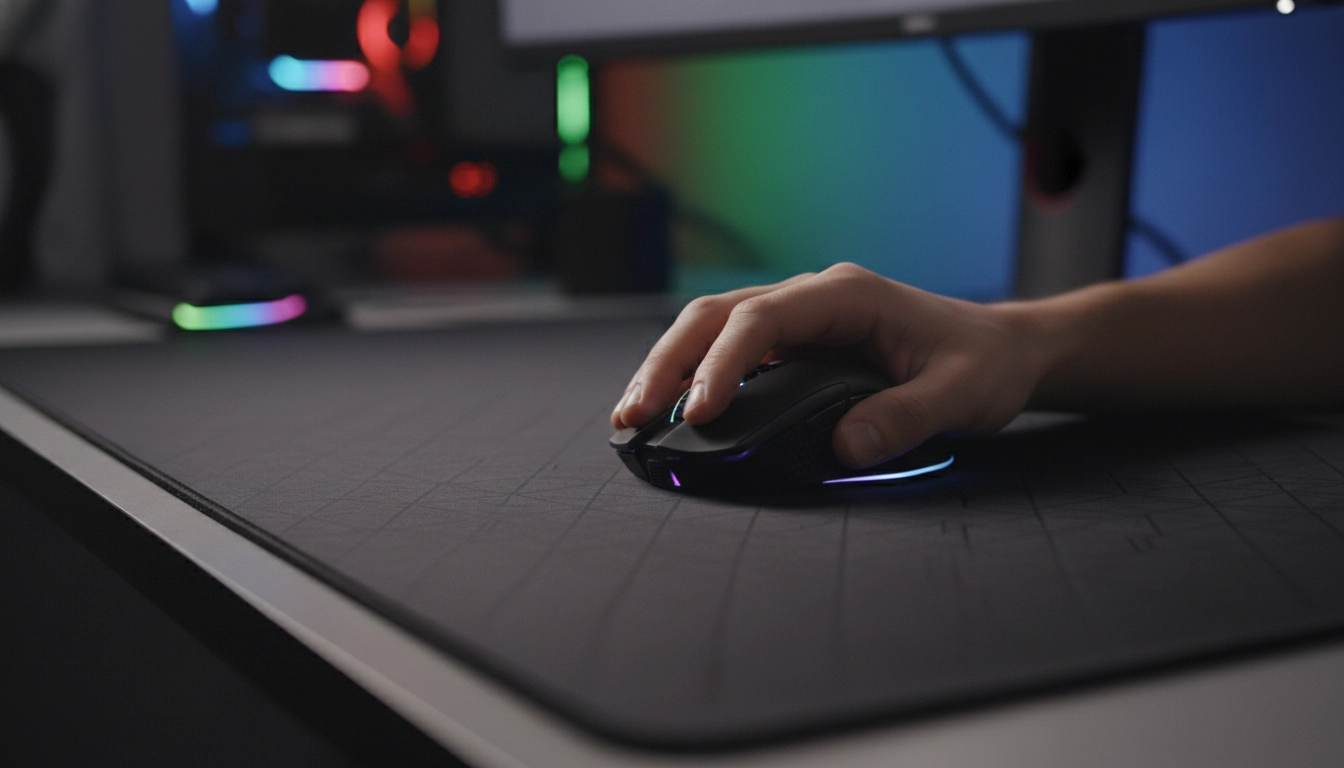 Main de joueur FPS sur tapis de souris gaming adapté pour maximiser la précision et la réactivité en compétition