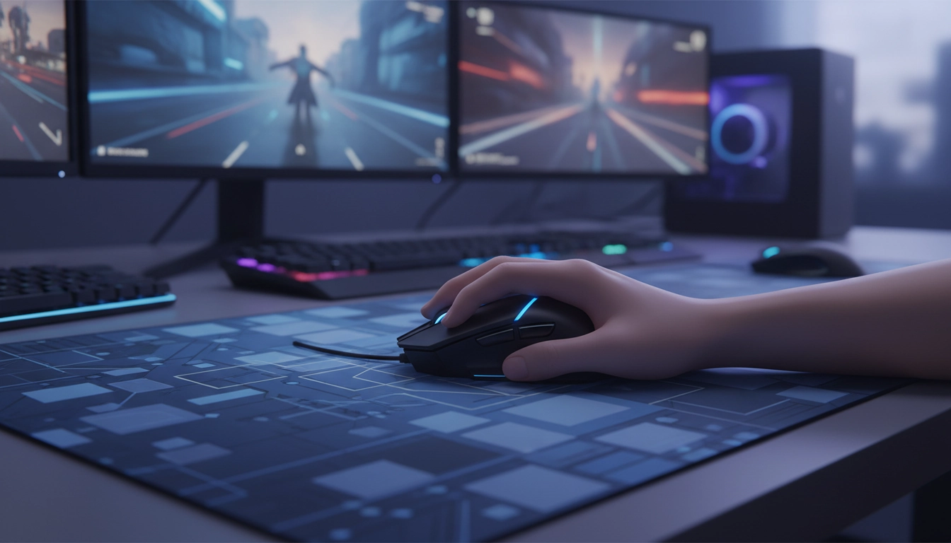 Tapis de souris gaming XL sur un bureau de joueur avec souris et clavier, illustrant l'impact tapis de souris performance gaming