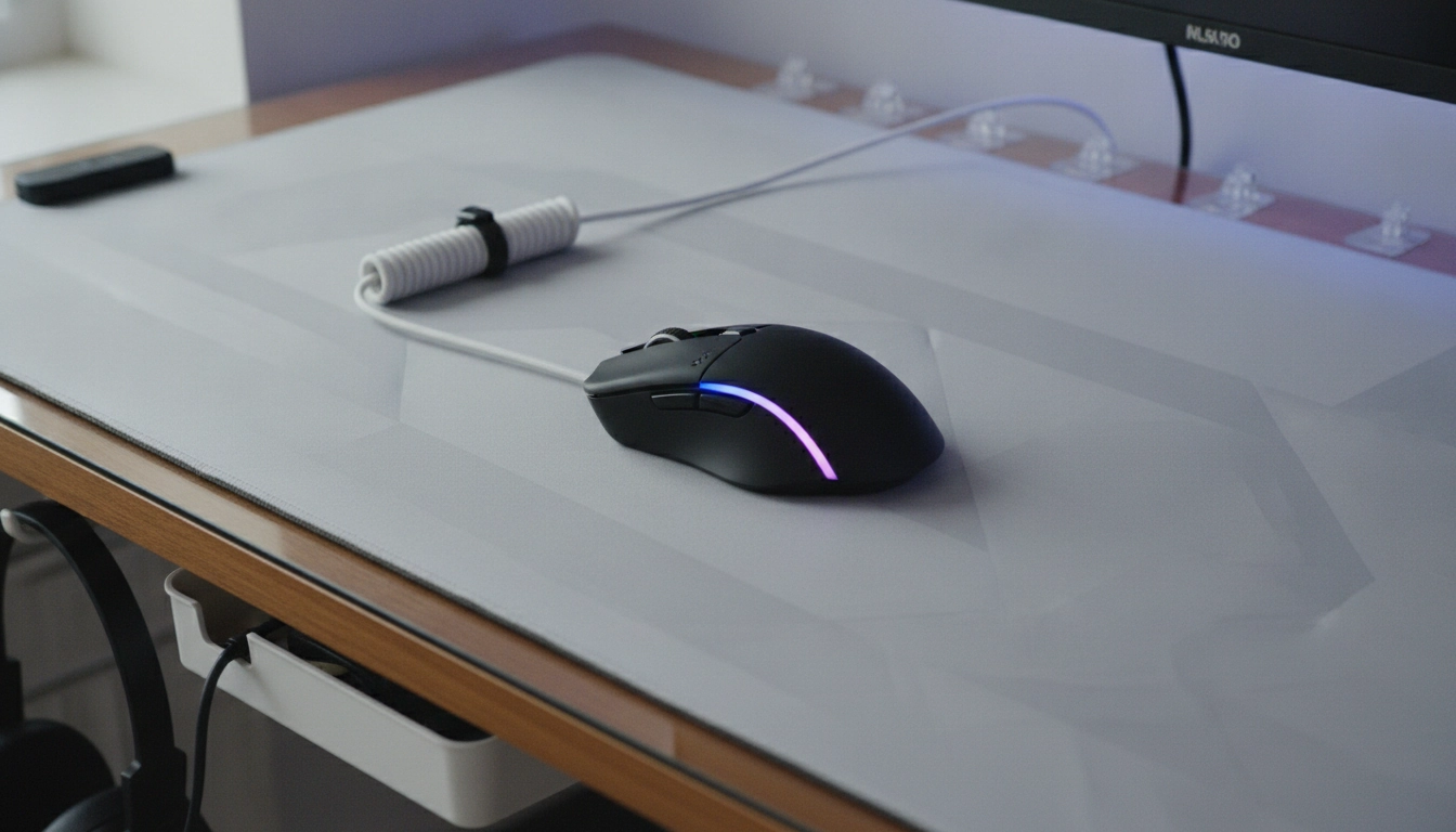 Détail d'un tapis de souris XXL bien intégré sur un bureau optimisé.