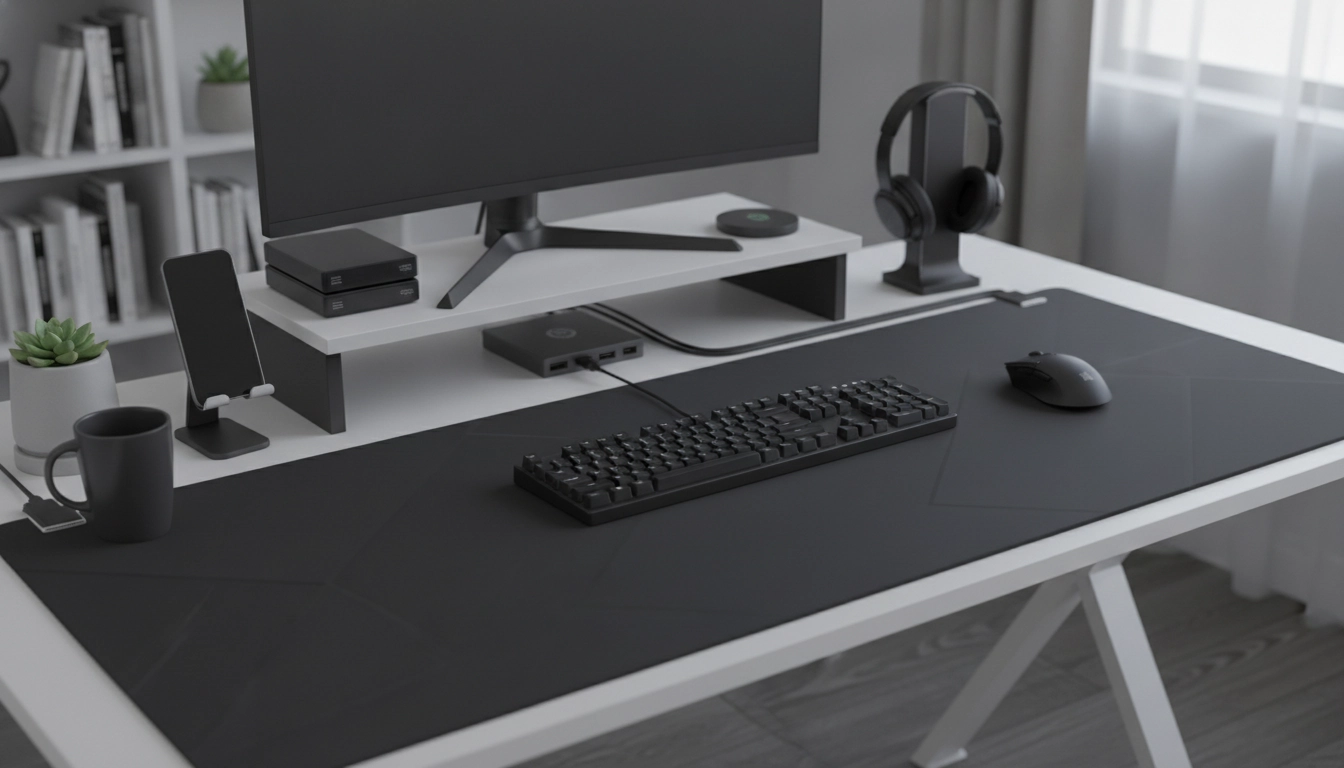Setup minimaliste permettant d'intégrer un grand tapis de souris dans un bureau encombré.