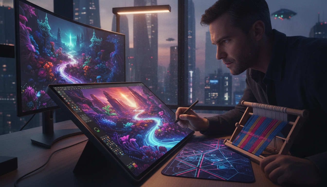 Un graphiste choisissant quel logiciel utiliser pour designer un tapis de souris unique sur son ordinateur.