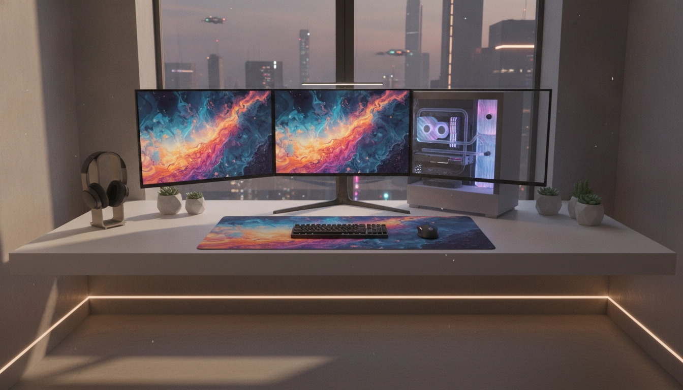 Exemple de setup gaming avec un tapis de souris conçu via des logiciels gratuits pour créer le design d'un tapis de souris imprimé personnalisé.