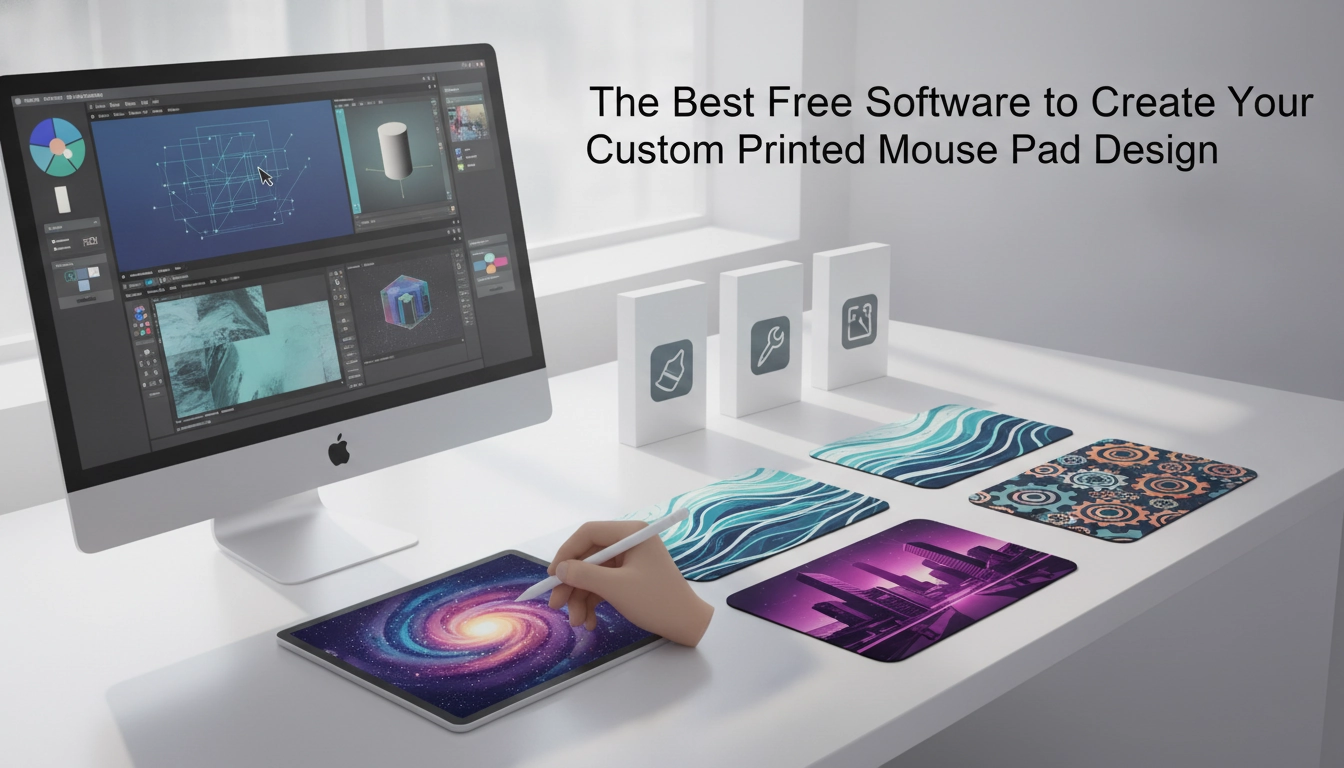 Un créateur utilisant des logiciels gratuits pour créer le design d'un tapis de souris imprimé personnalisé sur un ordinateur moderne.