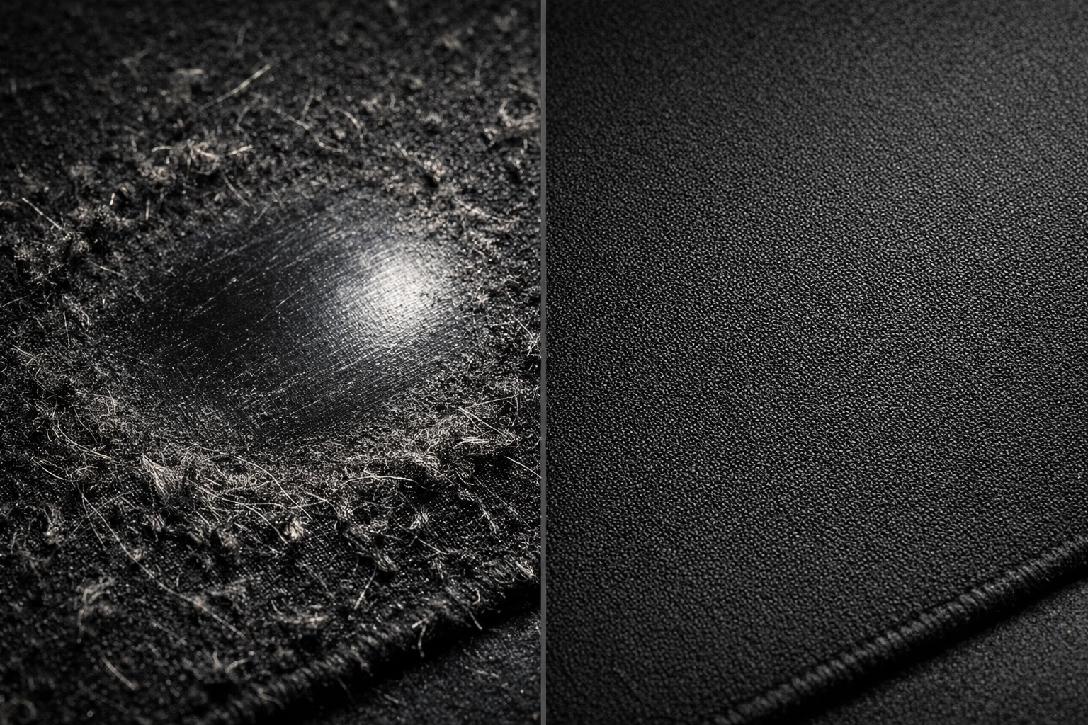 Usure comparative d'un tapis de souris en polyester usé versus un tapis en microfibre neuf encore intact