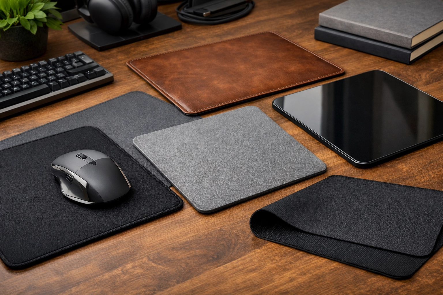 Comparaison des matériaux de tapis de souris durables : microfibre, aluminium et PVC sur un bureau gaming