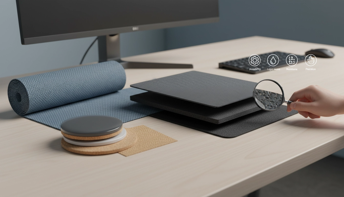 Comparatif des matériaux tapis souris durabilité : microfibre, aluminium et caoutchouc côte à côte