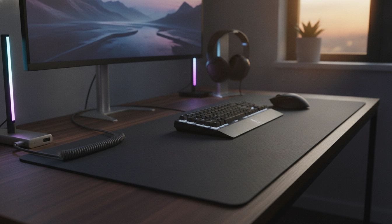 Bureau moderne avec un grand tapis de souris pour clavier optimisant la vitesse et le contrôle.