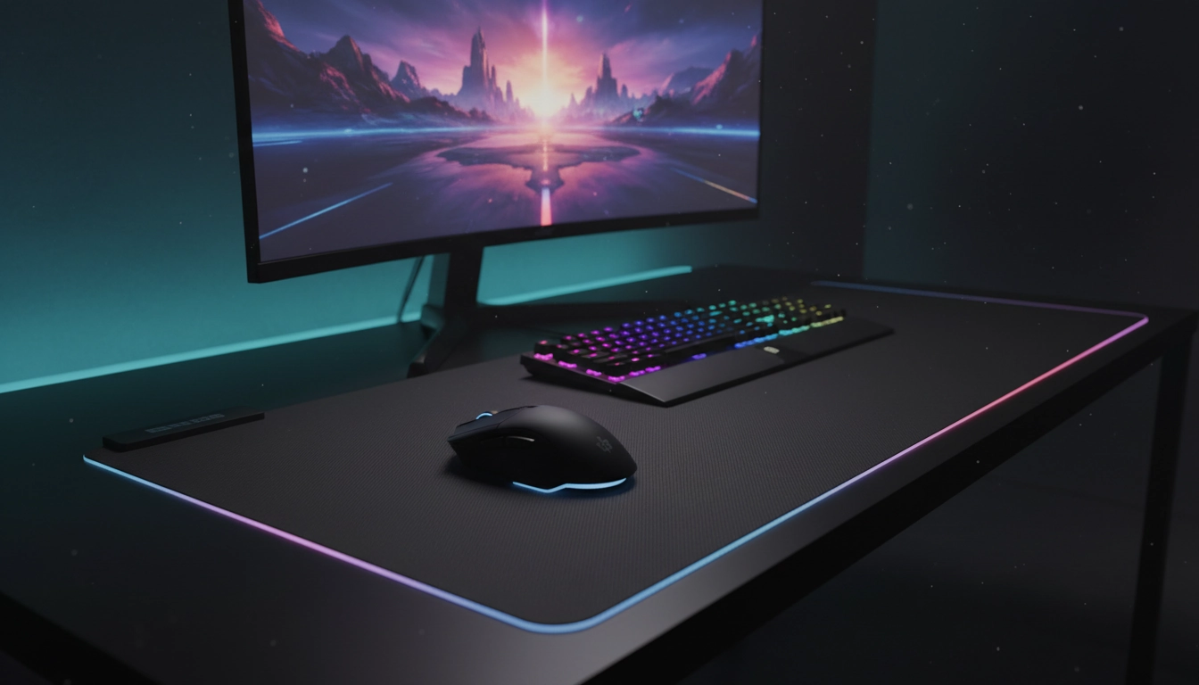 Setup gaming avec un grand tapis de souris hybride sur un bureau éclairé en RGB